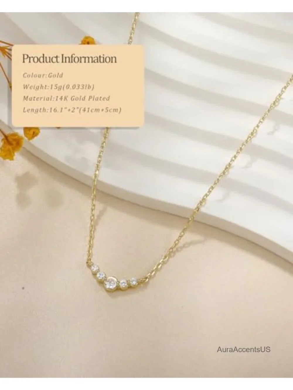 Cubic Zirconia Necklace for Women Adjustable Gold Plated Pendant 14k